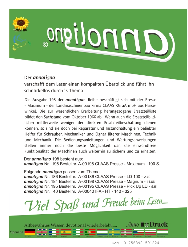 CLAAS Presse Typ Maximum Bild- Ersatzteilliste & Explosionszeichnungen - annoligno 198 -